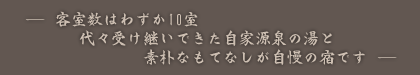 客室数はわずか10室。代々受け継いできた自家源泉の湯と素朴なもてなしが自慢の宿です。